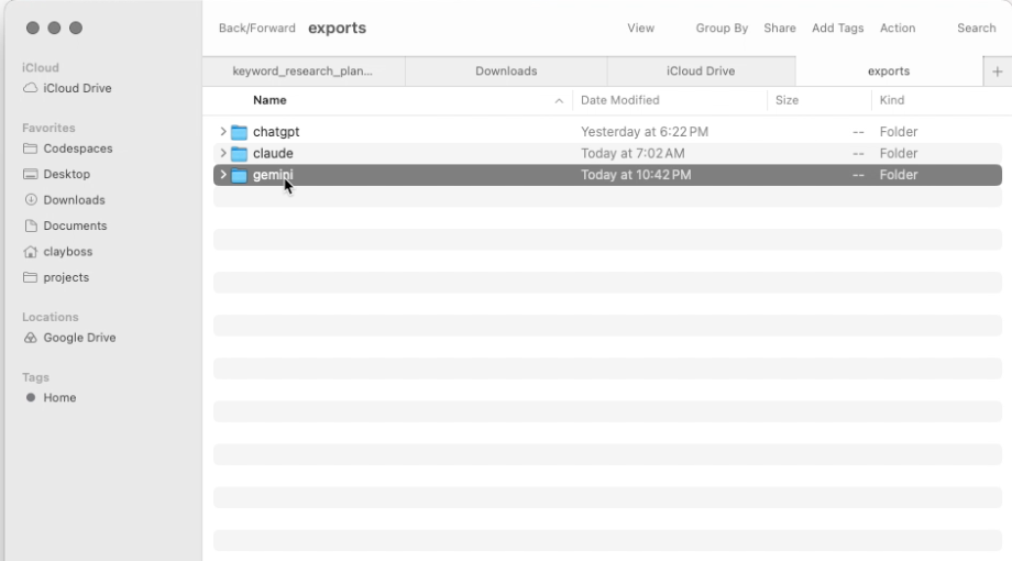 Finder showing organized Gemini, Claude, and ChatGPT export folders